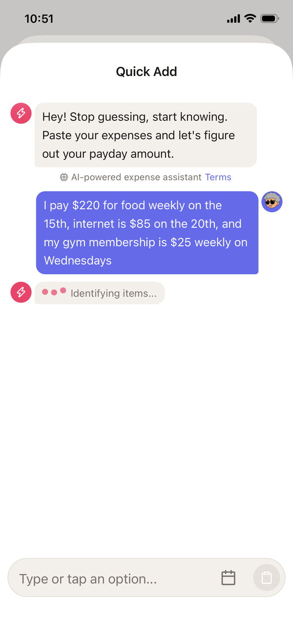 Spliggo chat: user types multiple bills in plain language