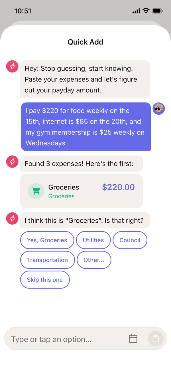 Spliggo identifies expenses and suggests categories