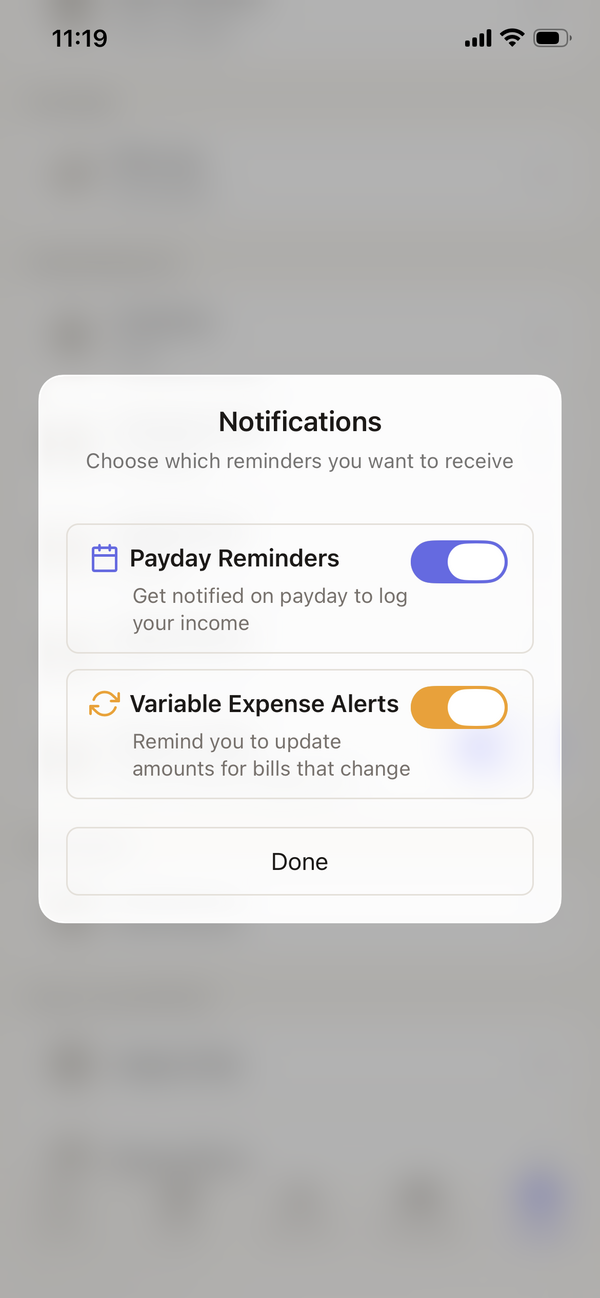 Spliggo notification settings showing payday reminders and expense alerts